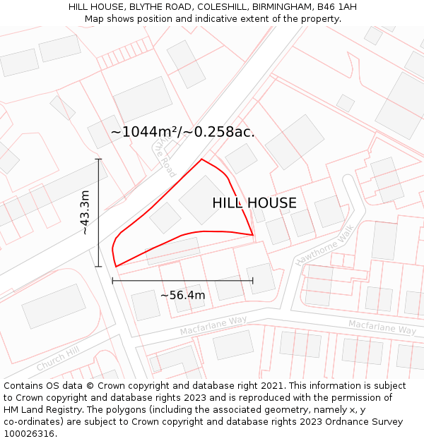 HILL HOUSE, BLYTHE ROAD, COLESHILL, BIRMINGHAM, B46 1AH: Plot and title map