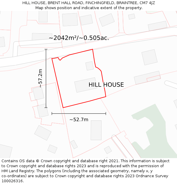 HILL HOUSE, BRENT HALL ROAD, FINCHINGFIELD, BRAINTREE, CM7 4JZ: Plot and title map