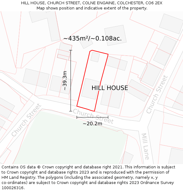 HILL HOUSE, CHURCH STREET, COLNE ENGAINE, COLCHESTER, CO6 2EX: Plot and title map