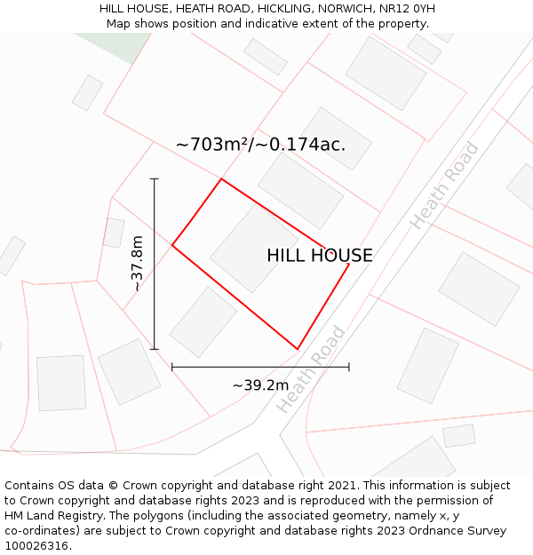 HILL HOUSE, HEATH ROAD, HICKLING, NORWICH, NR12 0YH: Plot and title map