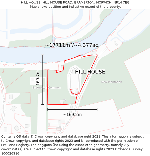 HILL HOUSE, HILL HOUSE ROAD, BRAMERTON, NORWICH, NR14 7EG: Plot and title map