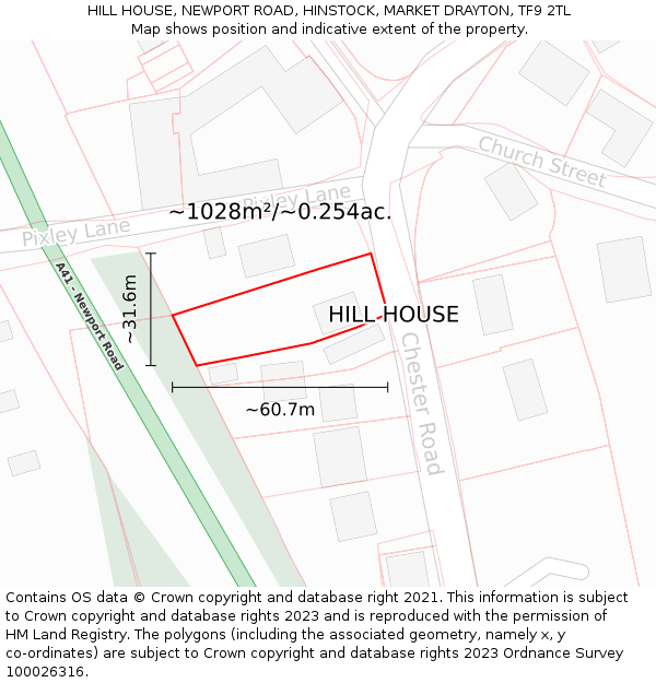 HILL HOUSE, NEWPORT ROAD, HINSTOCK, MARKET DRAYTON, TF9 2TL: Plot and title map