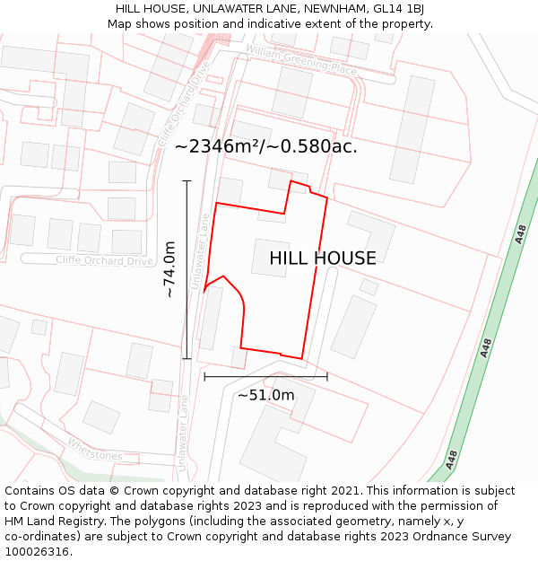 HILL HOUSE, UNLAWATER LANE, NEWNHAM, GL14 1BJ: Plot and title map