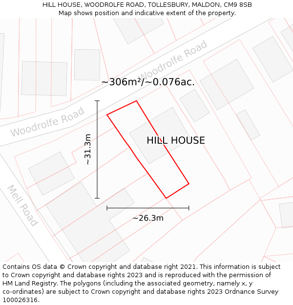 HILL HOUSE, WOODROLFE ROAD, TOLLESBURY, MALDON, CM9 8SB: Plot and title map