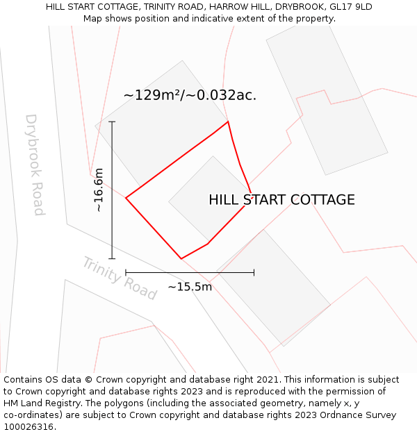 HILL START COTTAGE, TRINITY ROAD, HARROW HILL, DRYBROOK, GL17 9LD: Plot and title map