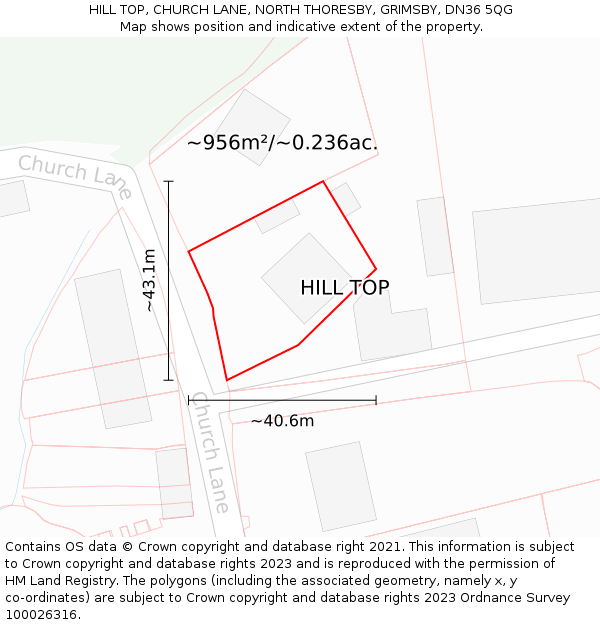 HILL TOP, CHURCH LANE, NORTH THORESBY, GRIMSBY, DN36 5QG: Plot and title map