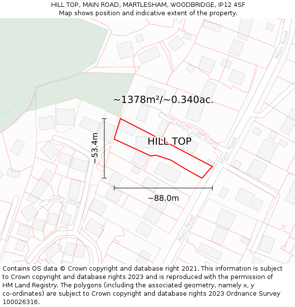 HILL TOP, MAIN ROAD, MARTLESHAM, WOODBRIDGE, IP12 4SF: Plot and title map