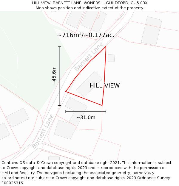 HILL VIEW, BARNETT LANE, WONERSH, GUILDFORD, GU5 0RX: Plot and title map