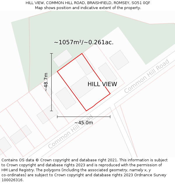 HILL VIEW, COMMON HILL ROAD, BRAISHFIELD, ROMSEY, SO51 0QF: Plot and title map