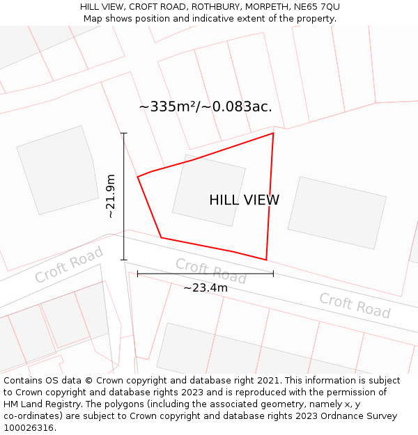 HILL VIEW, CROFT ROAD, ROTHBURY, MORPETH, NE65 7QU: Plot and title map