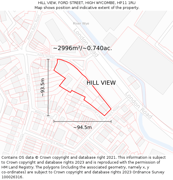 HILL VIEW, FORD STREET, HIGH WYCOMBE, HP11 1RU: Plot and title map