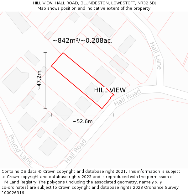 HILL VIEW, HALL ROAD, BLUNDESTON, LOWESTOFT, NR32 5BJ: Plot and title map