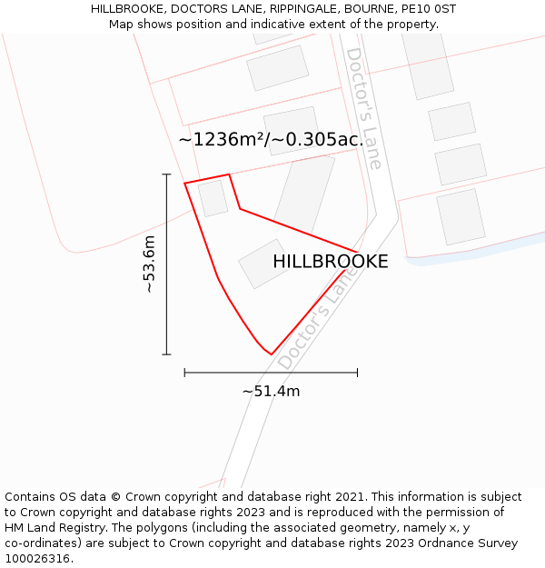 HILLBROOKE, DOCTORS LANE, RIPPINGALE, BOURNE, PE10 0ST: Plot and title map