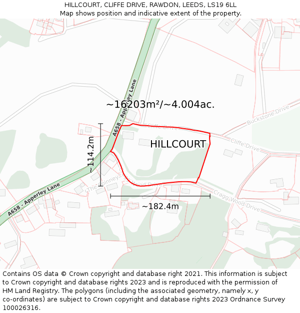 HILLCOURT, CLIFFE DRIVE, RAWDON, LEEDS, LS19 6LL: Plot and title map