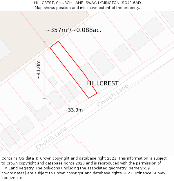 HILLCREST, CHURCH LANE, SWAY, LYMINGTON, SO41 6AD: Plot and title map