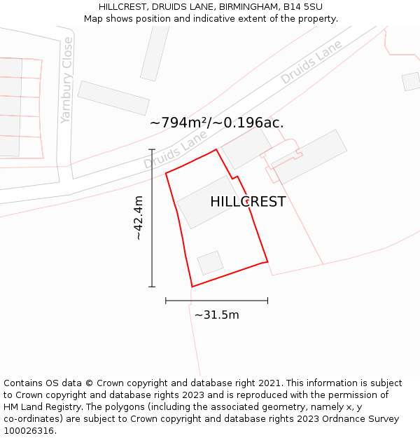 HILLCREST, DRUIDS LANE, BIRMINGHAM, B14 5SU: Plot and title map