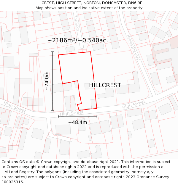 HILLCREST, HIGH STREET, NORTON, DONCASTER, DN6 9EH: Plot and title map