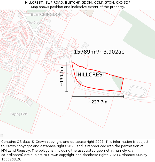 HILLCREST, ISLIP ROAD, BLETCHINGDON, KIDLINGTON, OX5 3DP: Plot and title map