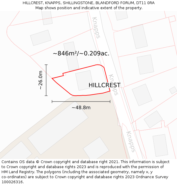 HILLCREST, KNAPPS, SHILLINGSTONE, BLANDFORD FORUM, DT11 0RA: Plot and title map