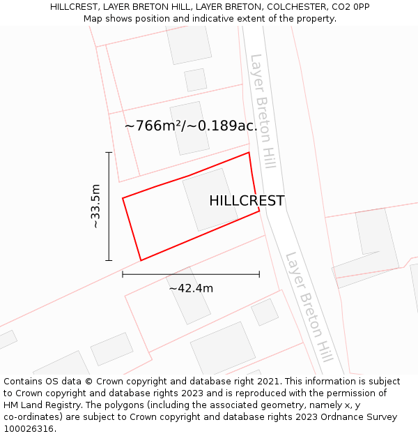 HILLCREST, LAYER BRETON HILL, LAYER BRETON, COLCHESTER, CO2 0PP: Plot and title map