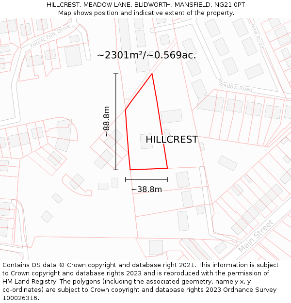 HILLCREST, MEADOW LANE, BLIDWORTH, MANSFIELD, NG21 0PT: Plot and title map
