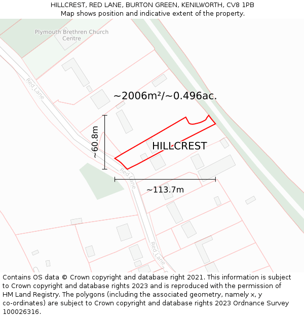 HILLCREST, RED LANE, BURTON GREEN, KENILWORTH, CV8 1PB: Plot and title map