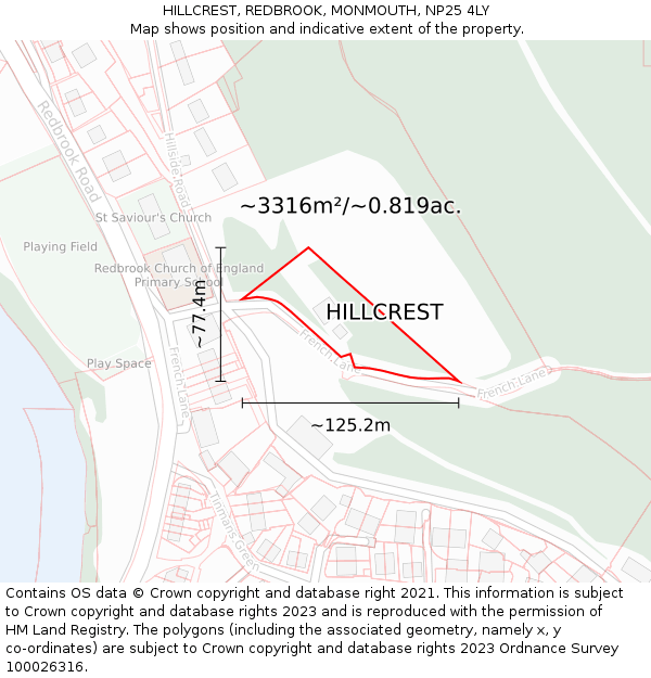 HILLCREST, REDBROOK, MONMOUTH, NP25 4LY: Plot and title map