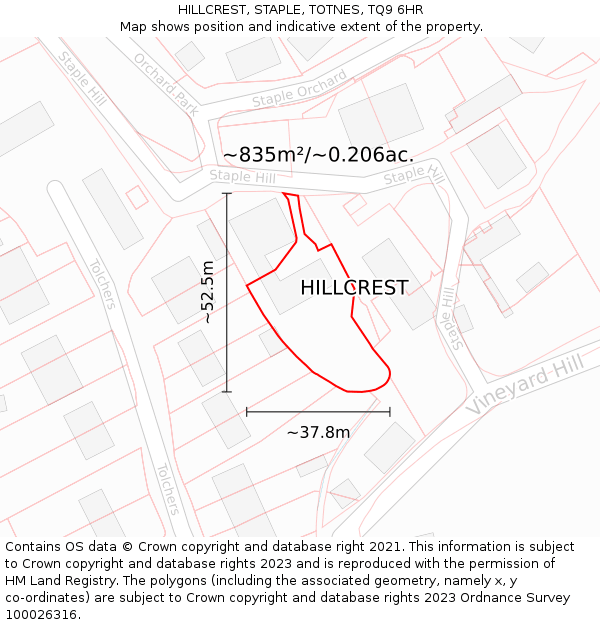 HILLCREST, STAPLE, TOTNES, TQ9 6HR: Plot and title map