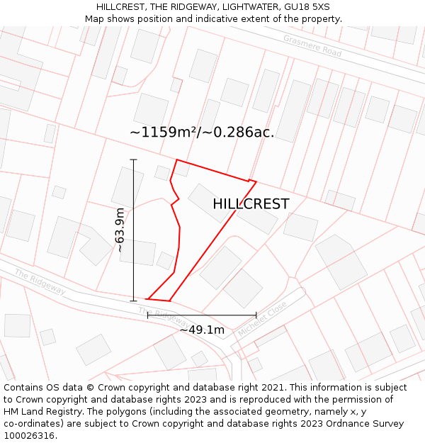 HILLCREST, THE RIDGEWAY, LIGHTWATER, GU18 5XS: Plot and title map