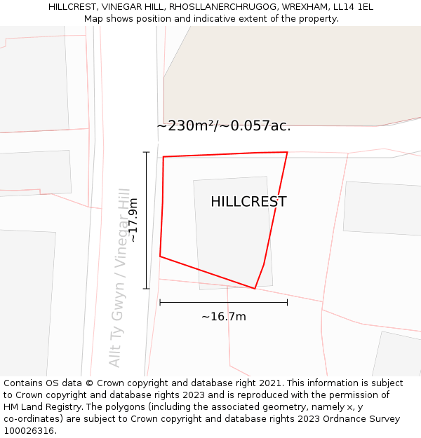 HILLCREST, VINEGAR HILL, RHOSLLANERCHRUGOG, WREXHAM, LL14 1EL: Plot and title map