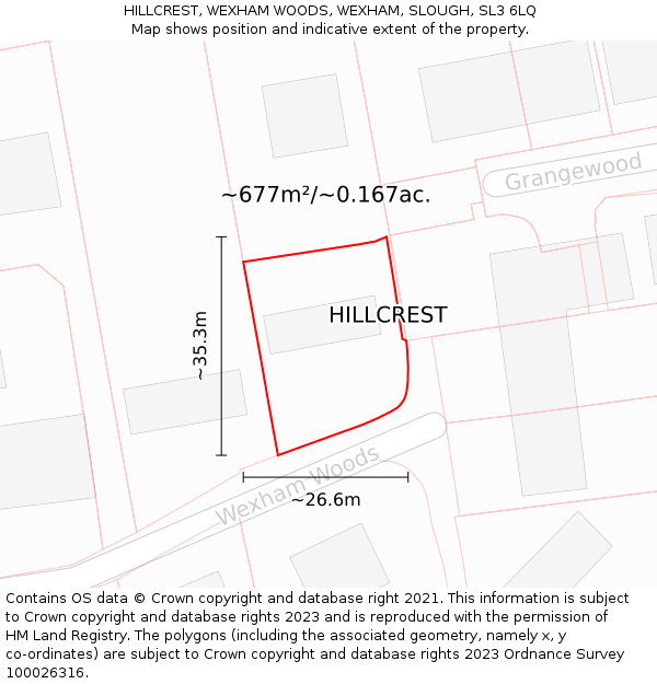 HILLCREST, WEXHAM WOODS, WEXHAM, SLOUGH, SL3 6LQ: Plot and title map