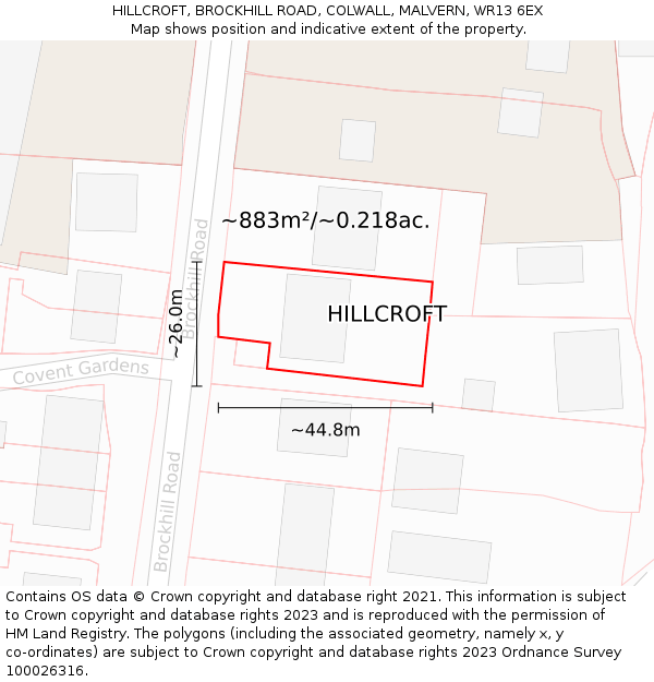 HILLCROFT, BROCKHILL ROAD, COLWALL, MALVERN, WR13 6EX: Plot and title map