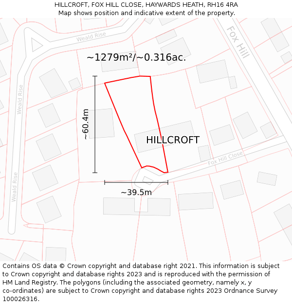 HILLCROFT, FOX HILL CLOSE, HAYWARDS HEATH, RH16 4RA: Plot and title map