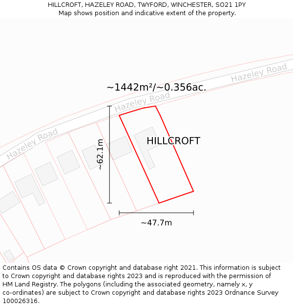 HILLCROFT, HAZELEY ROAD, TWYFORD, WINCHESTER, SO21 1PY: Plot and title map