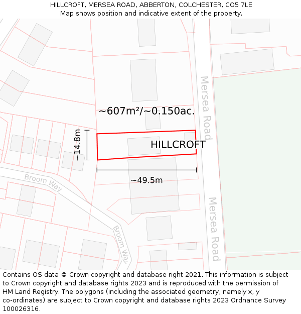 HILLCROFT, MERSEA ROAD, ABBERTON, COLCHESTER, CO5 7LE: Plot and title map