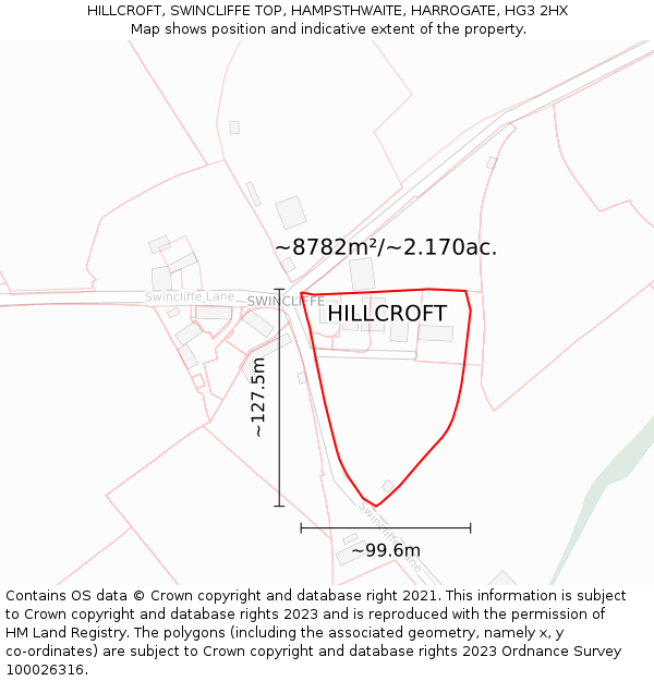 HILLCROFT, SWINCLIFFE TOP, HAMPSTHWAITE, HARROGATE, HG3 2HX: Plot and title map