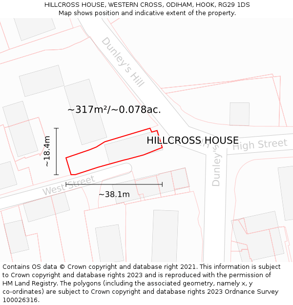 HILLCROSS HOUSE, WESTERN CROSS, ODIHAM, HOOK, RG29 1DS: Plot and title map