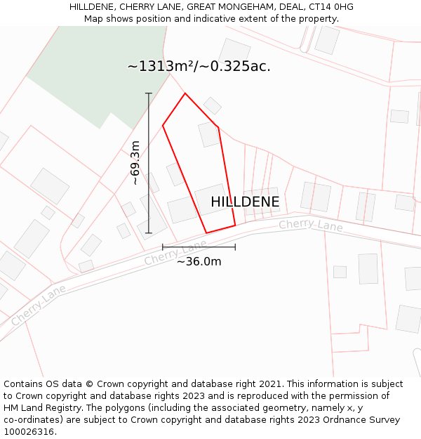 HILLDENE, CHERRY LANE, GREAT MONGEHAM, DEAL, CT14 0HG: Plot and title map