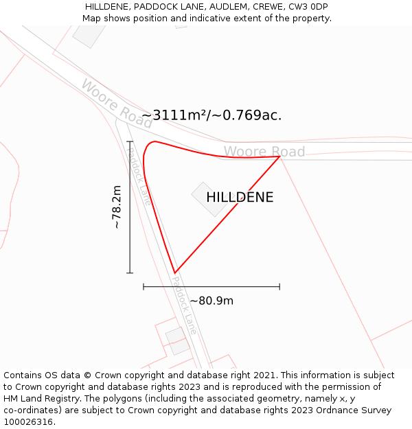 HILLDENE, PADDOCK LANE, AUDLEM, CREWE, CW3 0DP: Plot and title map