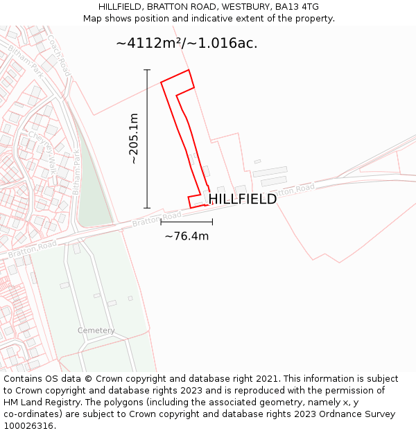 HILLFIELD, BRATTON ROAD, WESTBURY, BA13 4TG: Plot and title map