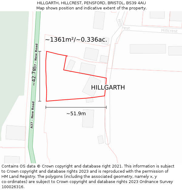 HILLGARTH, HILLCREST, PENSFORD, BRISTOL, BS39 4AU: Plot and title map