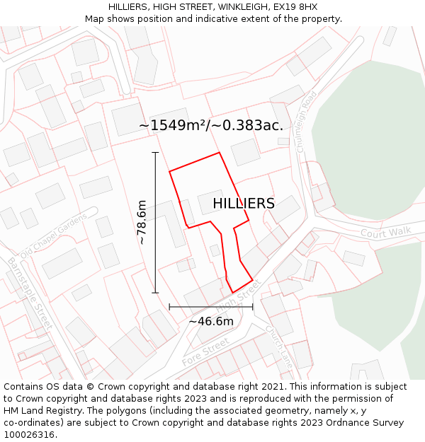 HILLIERS, HIGH STREET, WINKLEIGH, EX19 8HX: Plot and title map