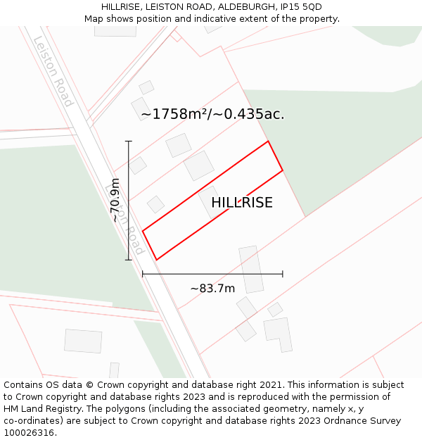 HILLRISE, LEISTON ROAD, ALDEBURGH, IP15 5QD: Plot and title map