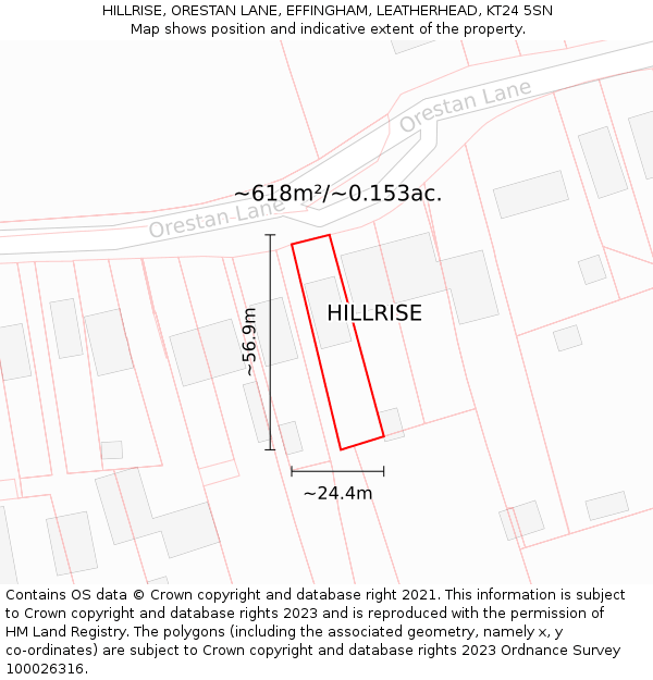 HILLRISE, ORESTAN LANE, EFFINGHAM, LEATHERHEAD, KT24 5SN: Plot and title map