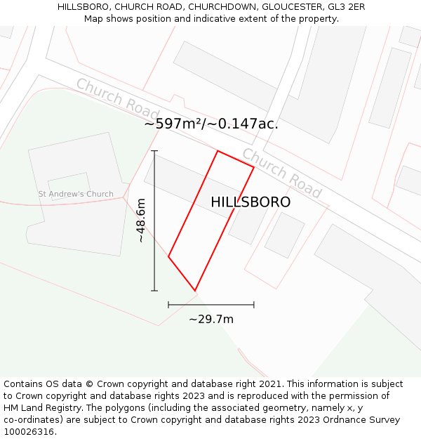 HILLSBORO, CHURCH ROAD, CHURCHDOWN, GLOUCESTER, GL3 2ER: Plot and title map