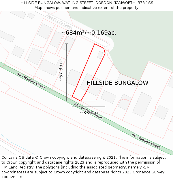 HILLSIDE BUNGALOW, WATLING STREET, DORDON, TAMWORTH, B78 1SS: Plot and title map