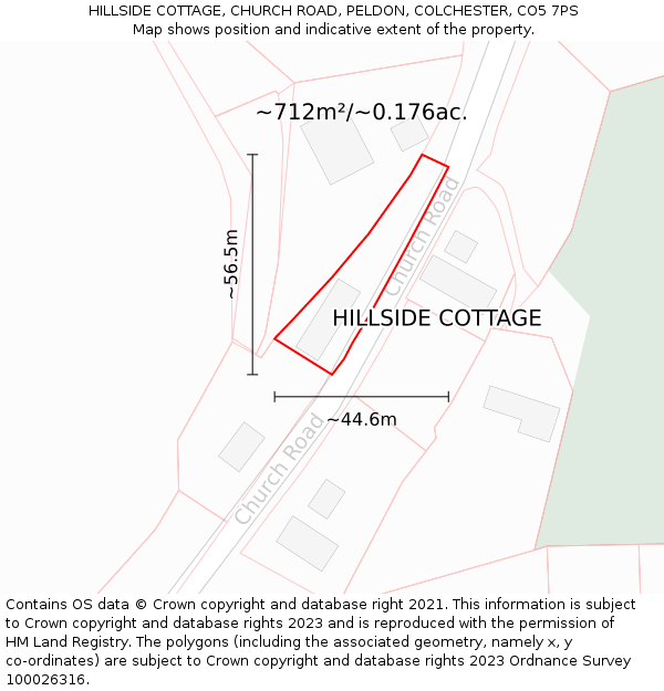 HILLSIDE COTTAGE, CHURCH ROAD, PELDON, COLCHESTER, CO5 7PS: Plot and title map