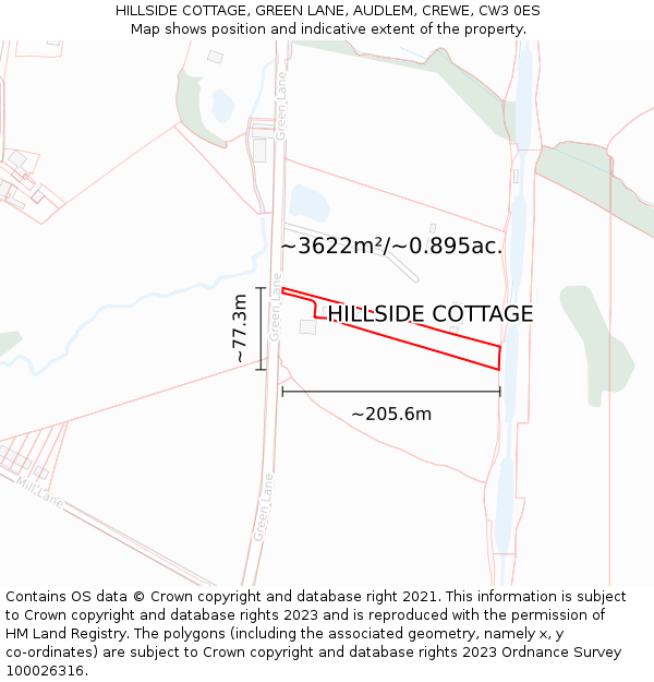 HILLSIDE COTTAGE, GREEN LANE, AUDLEM, CREWE, CW3 0ES: Plot and title map