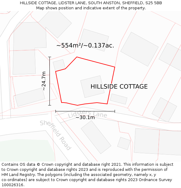 HILLSIDE COTTAGE, LIDSTER LANE, SOUTH ANSTON, SHEFFIELD, S25 5BB: Plot and title map