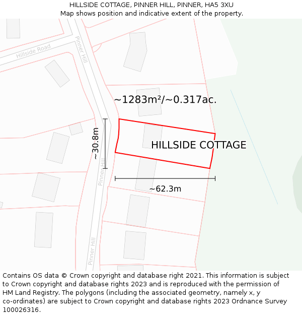 HILLSIDE COTTAGE, PINNER HILL, PINNER, HA5 3XU: Plot and title map